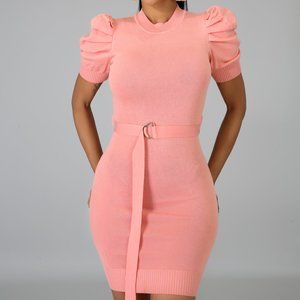 NWT Peach Puff Sleeve Knit Belted Dress
